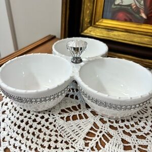 Elegant White with Silver Trim Triple Condiment Bowl with Crystal Knob
